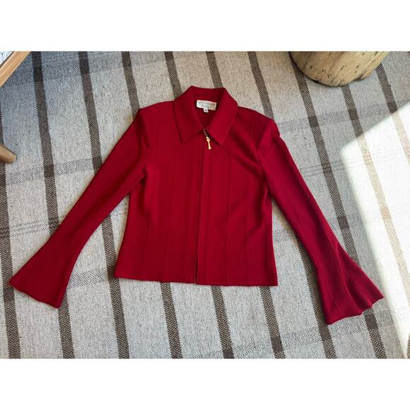 Red Jacket Jackets & Blazers - St John Marie Gray Red Jacket Bell Sleeve 10 Zip Large Crop Blazer Wool Vintage